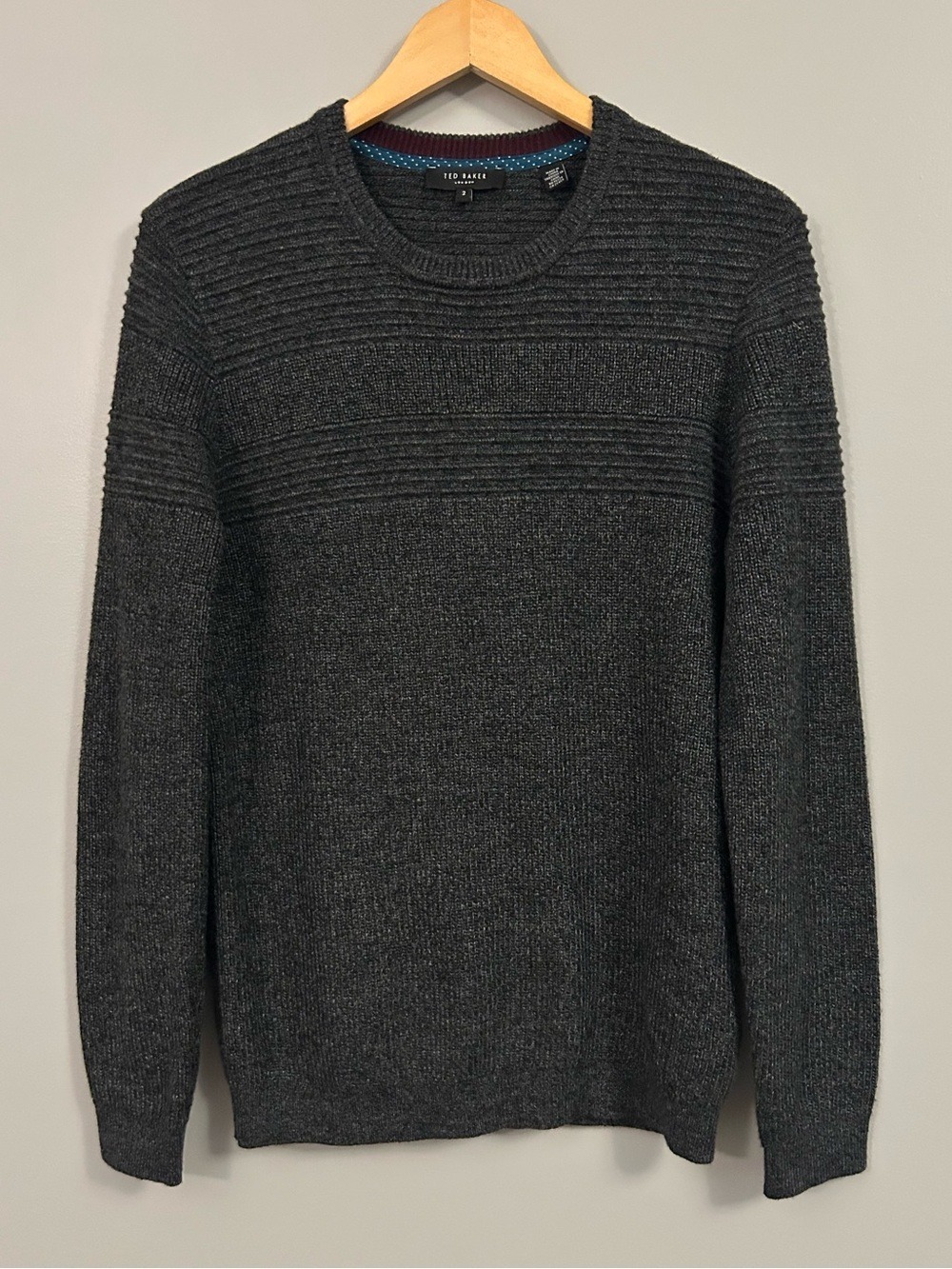 Ted Baker Men's Charcoal Ribbed Crewneck Sweater Small
